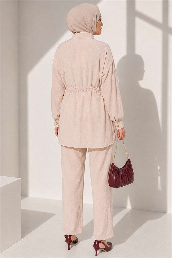 2 Piece Set with Waist Tunnel and Ankle Cuffs, Beige