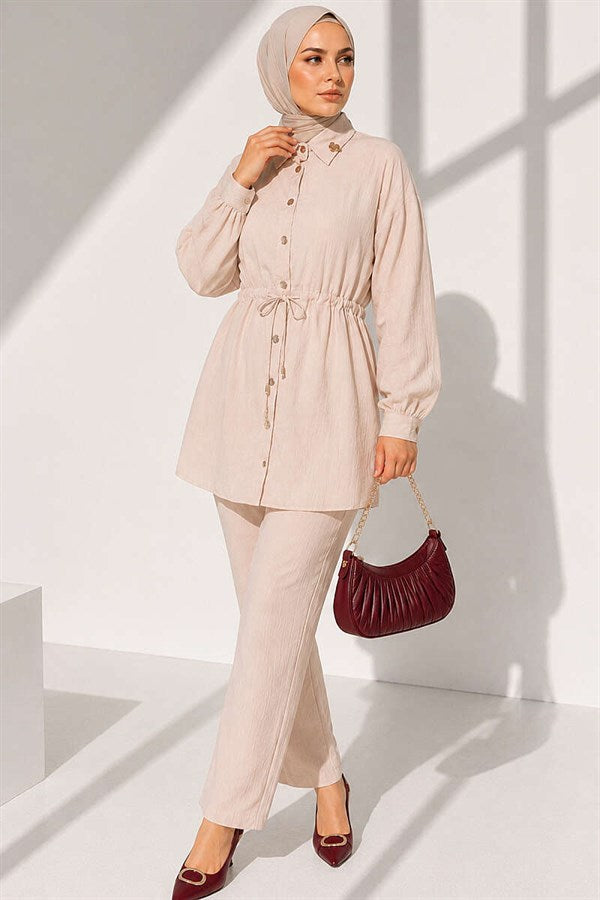 2 Piece Set with Waist Tunnel and Ankle Cuffs, Beige