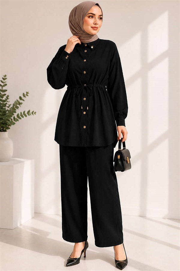 2 Piece Set with Waist Tunnel and Ankle Cuffs, Black