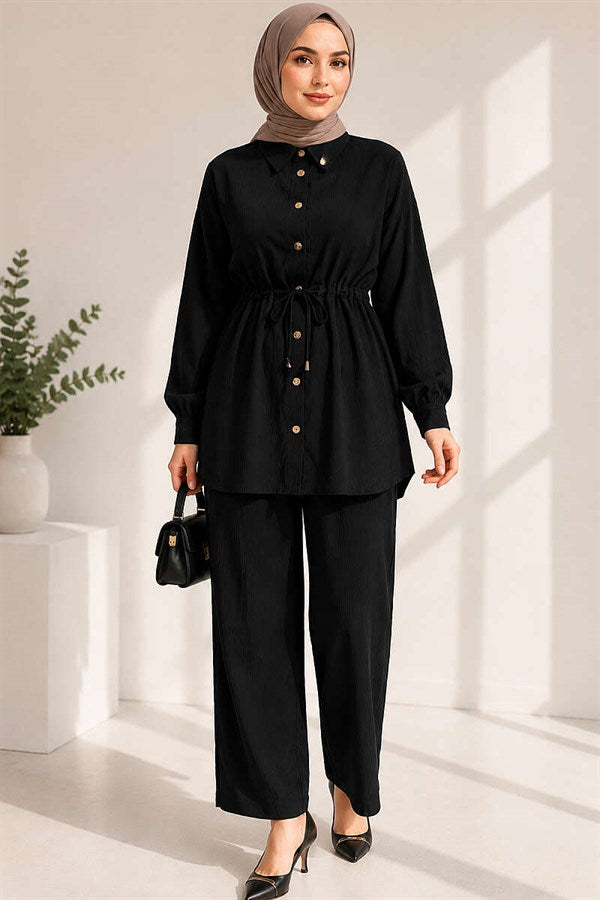 2 Piece Set with Waist Tunnel and Ankle Cuffs, Black