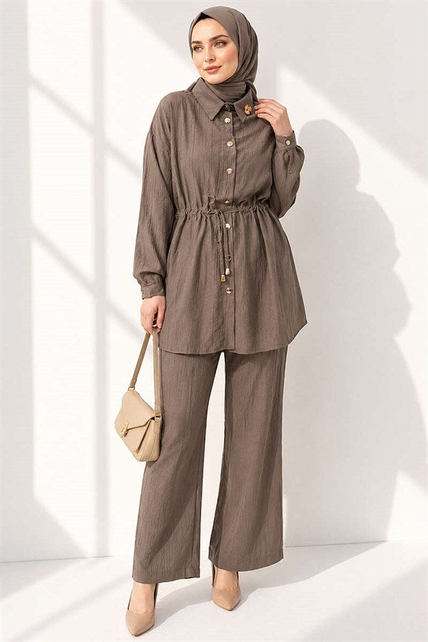 2 Piece Set with Waist Tunnel and Ankle Cuffs, Mink Color