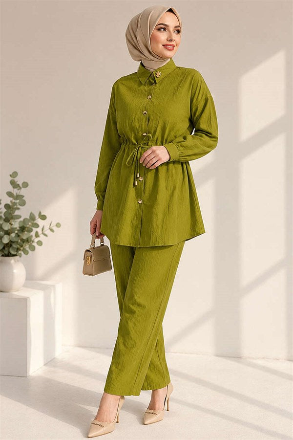2 Piece Set with Waist Tunnel and Ankle Cuffs, Olive Green