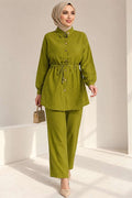 2 Piece Set with Waist Tunnel and Ankle Cuffs, Olive Green