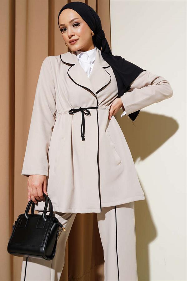 Waist Tunnel Piping Detailed 2 Piece Set Beige