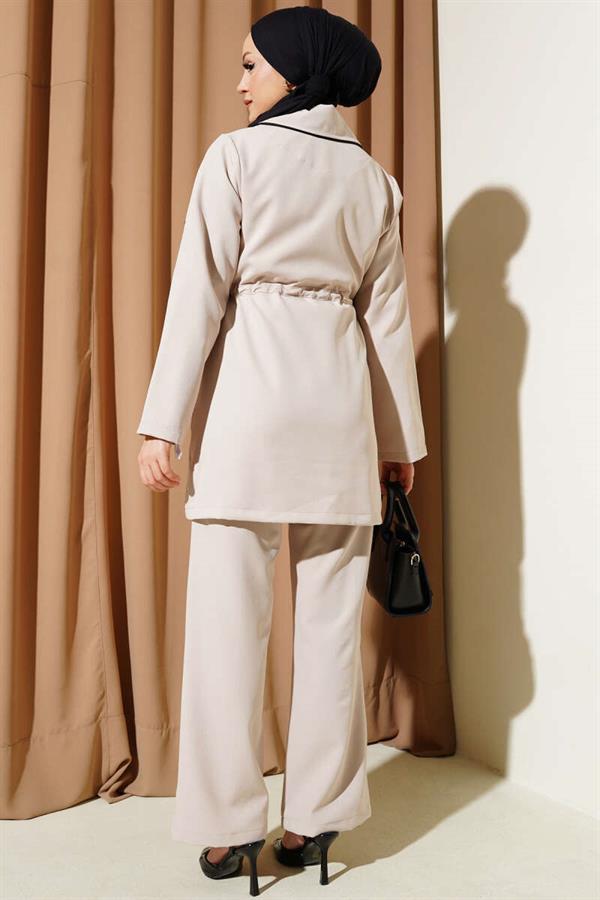 Waist Tunnel Piping Detailed 2 Piece Set Beige
