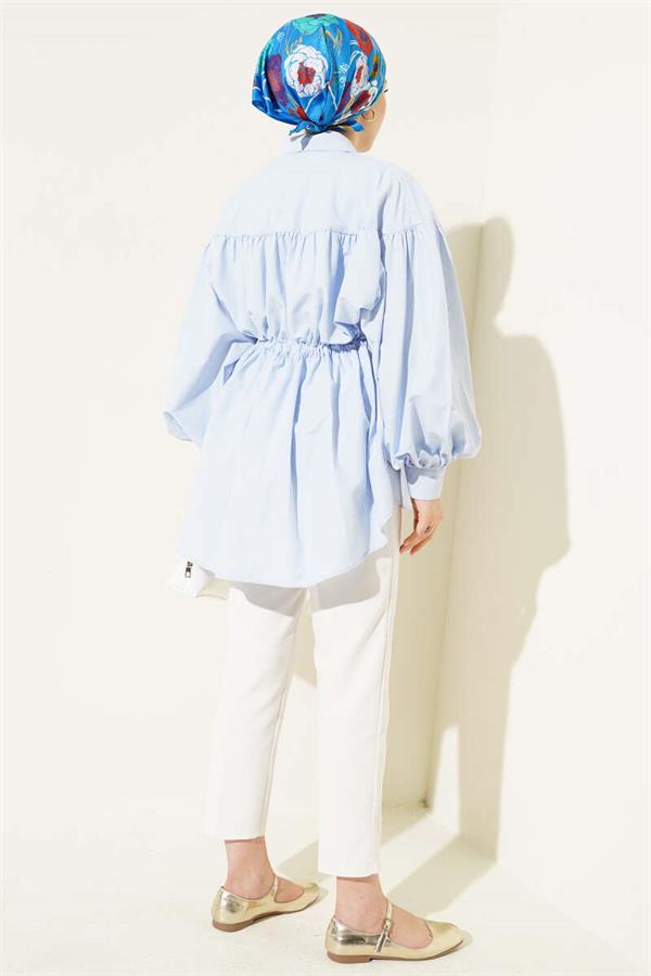 Shirt with Waist Tunnel and Gathered Detail in Ice Blue
