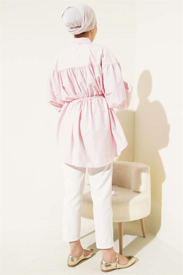 Pink Shirt with Waist Tunnel and Gathered Detail