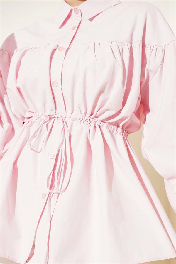 Pink Shirt with Waist Tunnel and Gathered Detail