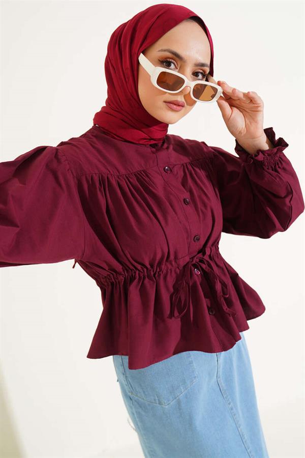 Waist Tunnel Gathered Short Shirt Claret Red
