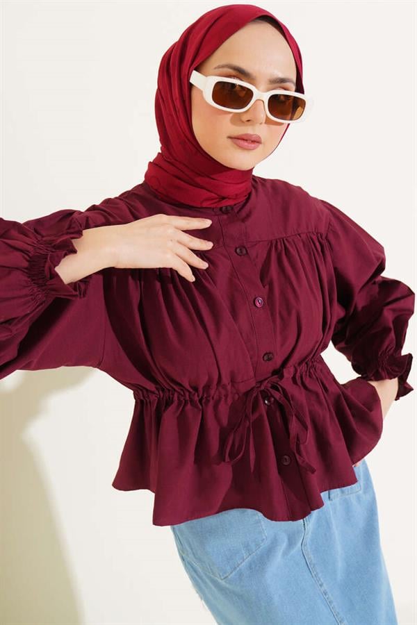 Waist Tunnel Gathered Short Shirt Claret Red