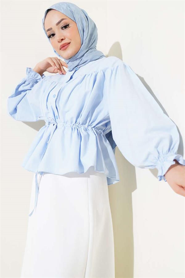 Waist Tunnel Gathered Short Shirt Ice Blue