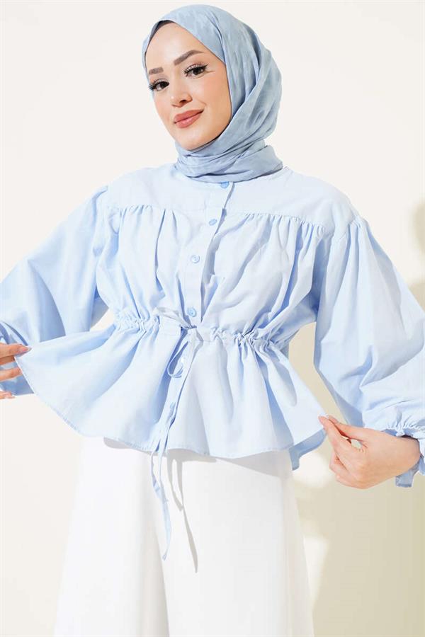 Waist Tunnel Gathered Short Shirt Ice Blue