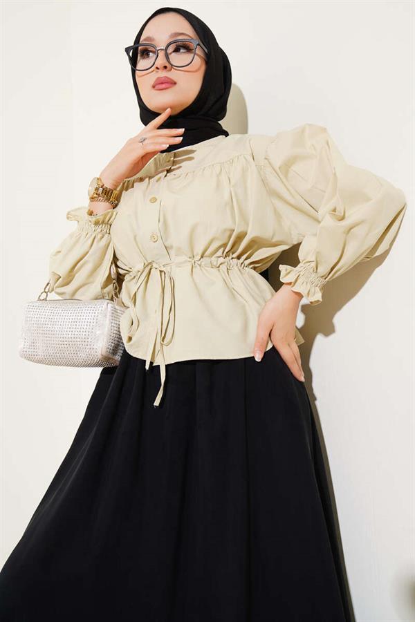 Waist Tunnel Gathered Short Shirt Almond Green