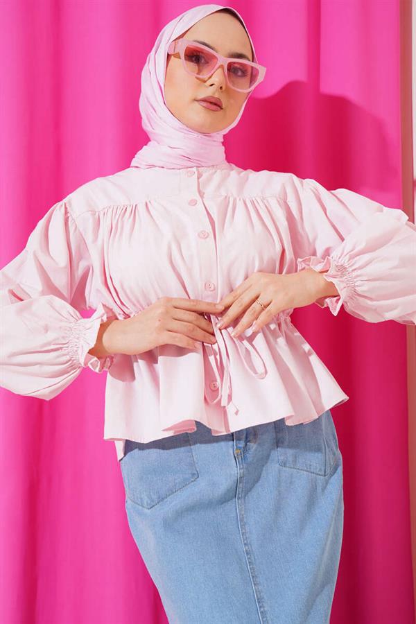 Waist Tunnel Gathered Short Shirt Pink