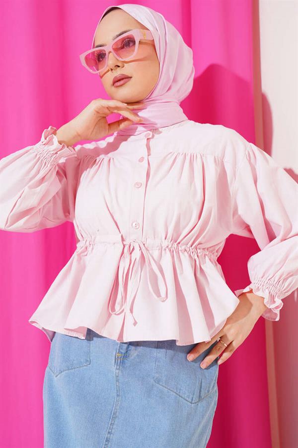 Waist Tunnel Gathered Short Shirt Pink