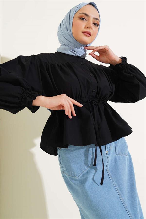 Waist Tunnel Gathered Short Shirt Black