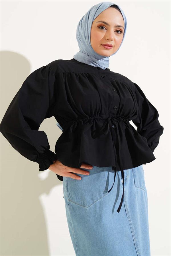 Waist Tunnel Gathered Short Shirt Black