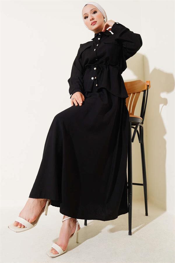 Waist Tunnel Pocket Flap Skirted 2 Piece Set Black