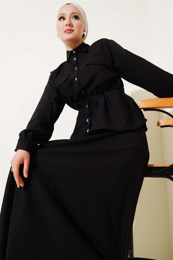 Waist Tunnel Pocket Flap Skirted 2 Piece Set Black