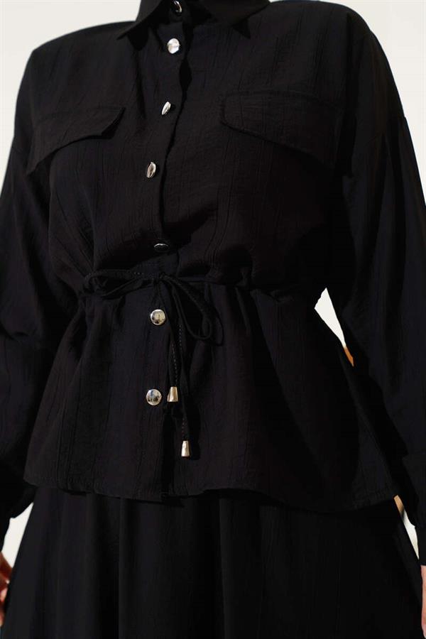 Waist Tunnel Pocket Flap Skirted 2 Piece Set Black
