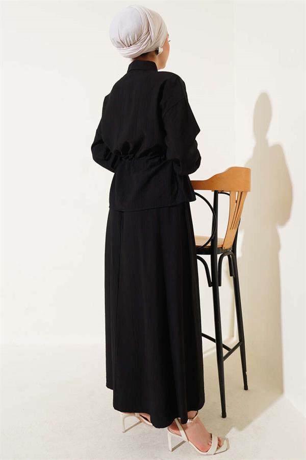 Waist Tunnel Pocket Flap Skirted 2 Piece Set Black