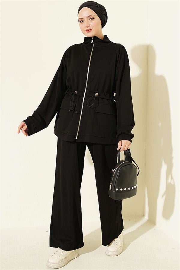 2 Piece Set with Waist Tunnel and Pocket Flaps, Black