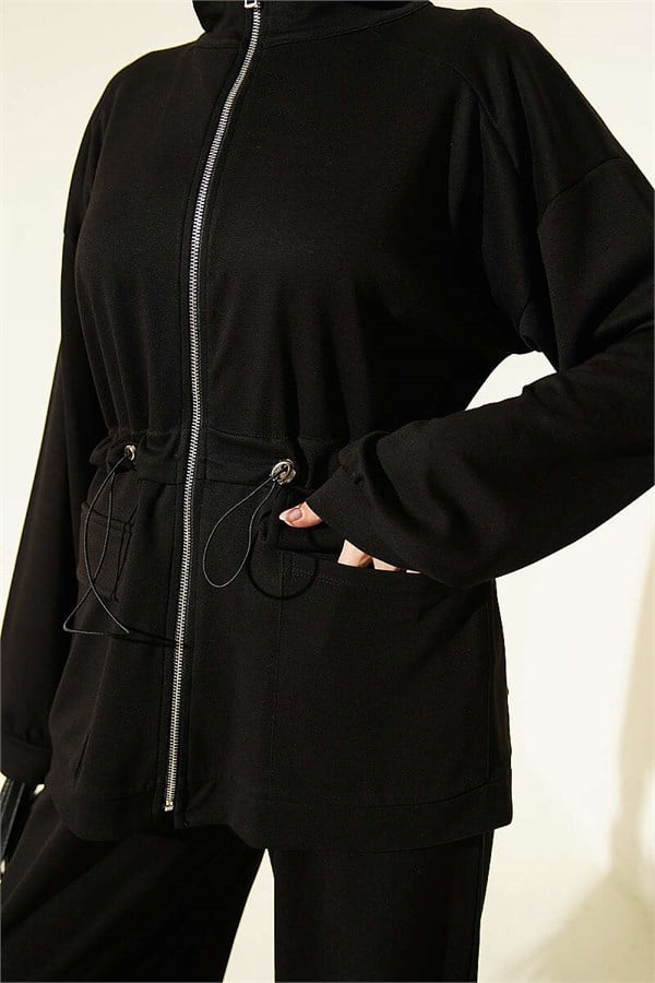 2 Piece Set with Waist Tunnel and Pocket Flaps, Black