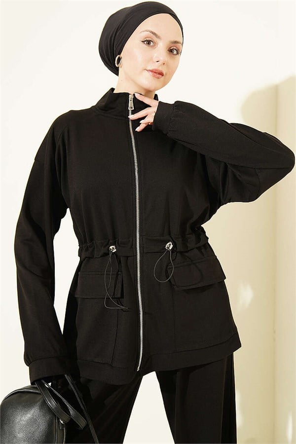 2 Piece Set with Waist Tunnel and Pocket Flaps, Black