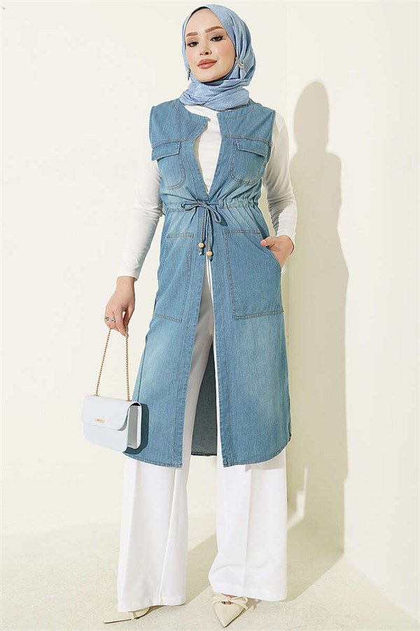 Denim Vest with Waistband and Pockets, Light Blue