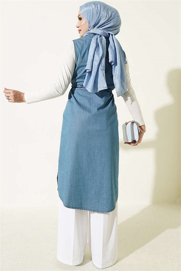 Denim Vest with Waistband and Pockets, Light Blue