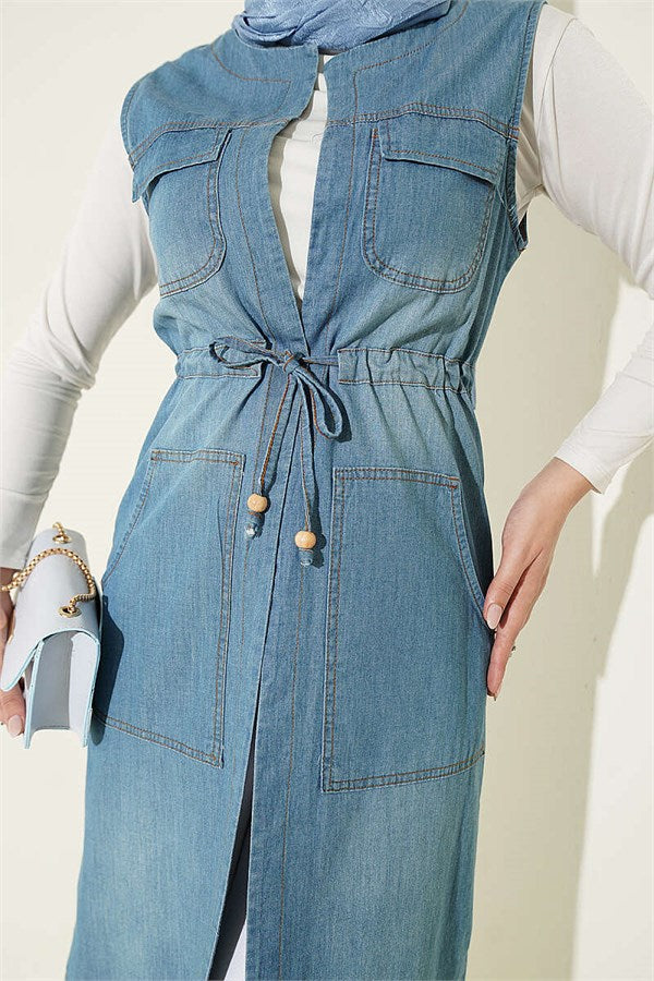 Denim Vest with Waistband and Pockets, Light Blue