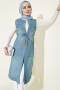 Denim Vest with Waistband and Pockets, Light Blue