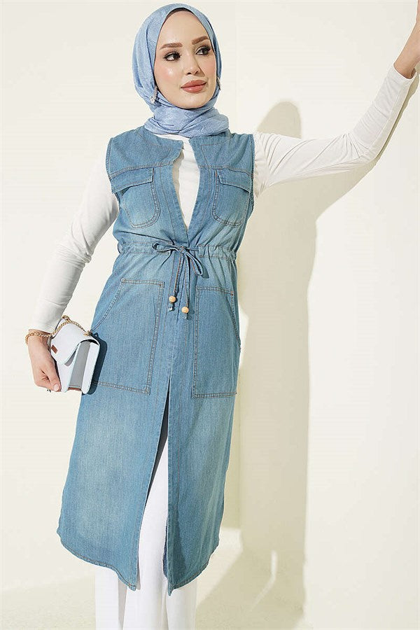 Denim Vest with Waistband and Pockets, Light Blue
