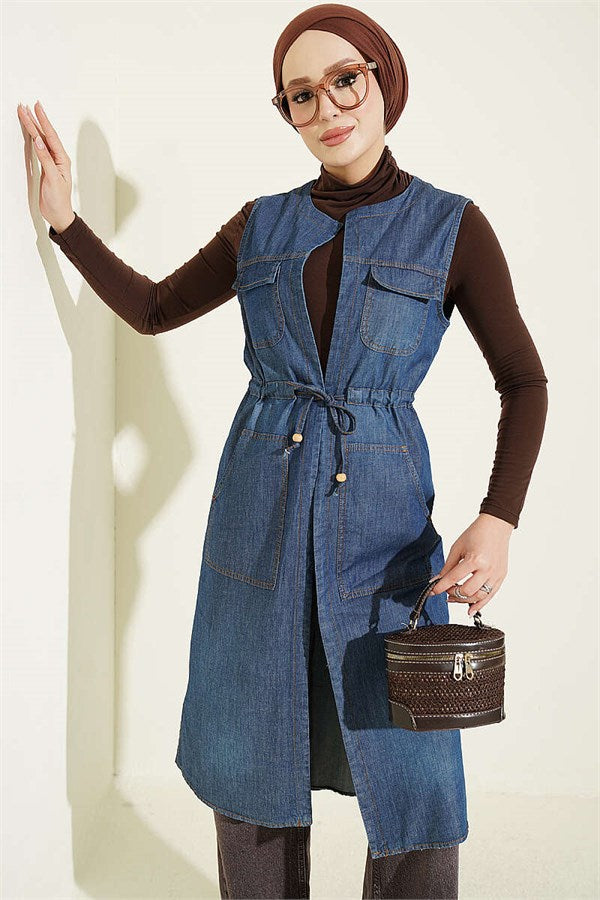 Denim Vest with Waistband and Pockets, Blue