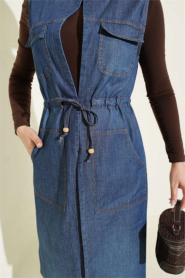 Denim Vest with Waistband and Pockets, Blue