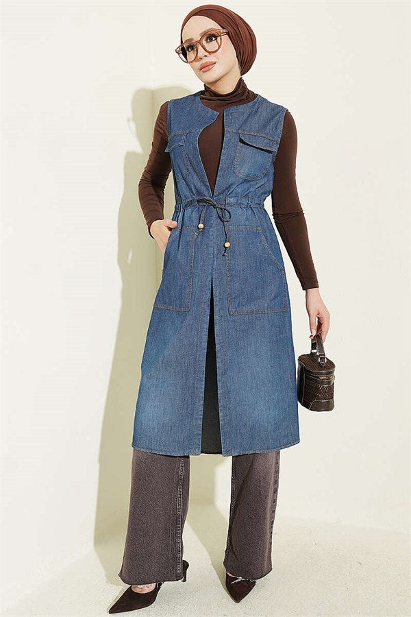 Denim Vest with Waistband and Pockets, Blue