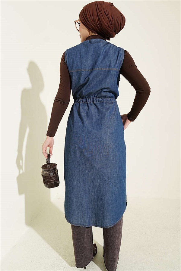Denim Vest with Waistband and Pockets, Blue