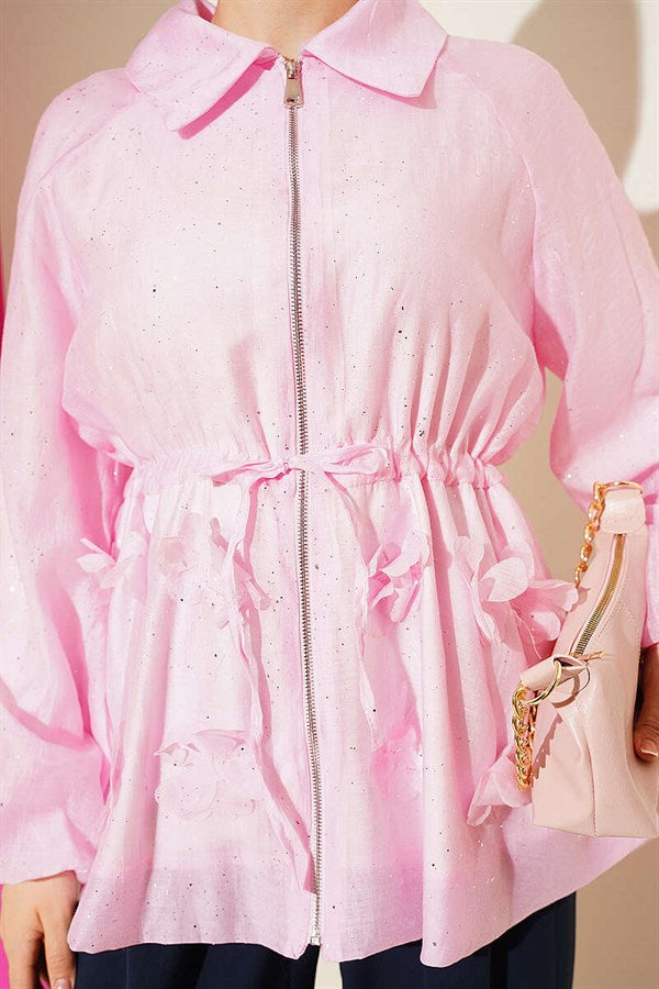 Pink Floral Glitter Jacket with Waist Tunnel