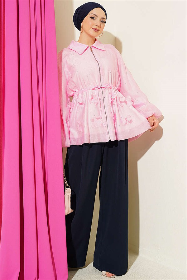 Pink Floral Glitter Jacket with Waist Tunnel