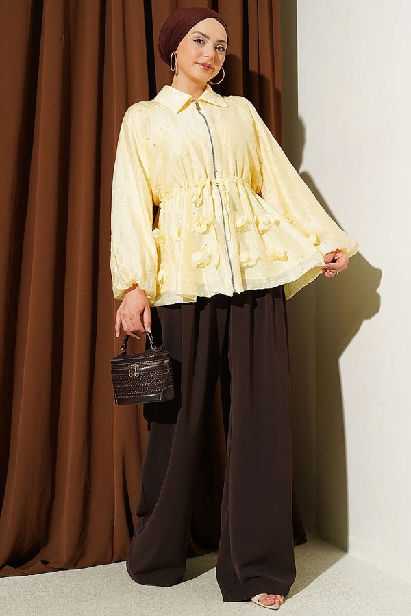 Yellow Floral Glitter Jacket with Tunnel Waistband