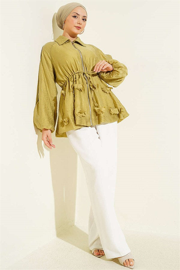 Belted Floral Glitter Jacket in Olive Green