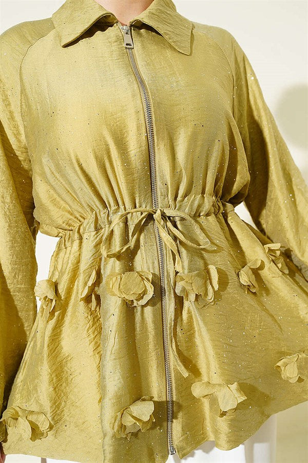 Belted Floral Glitter Jacket in Olive Green