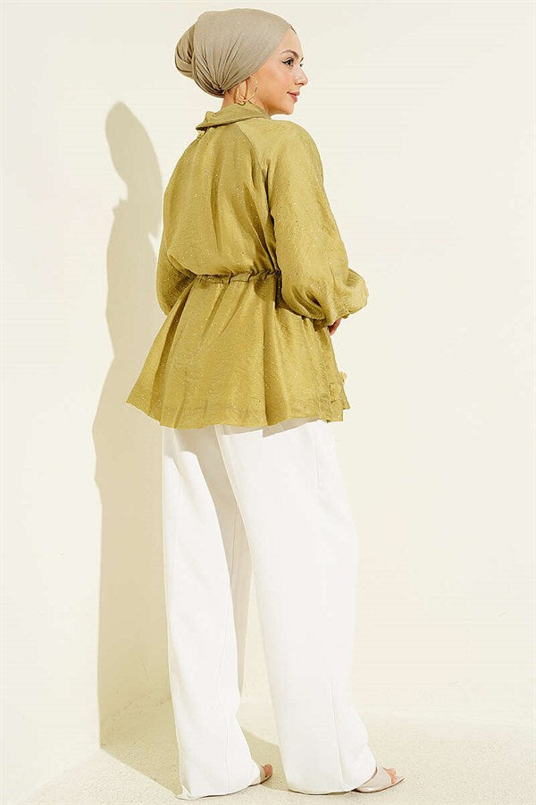 Belted Floral Glitter Jacket in Olive Green