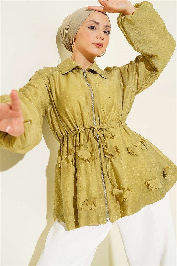Belted Floral Glitter Jacket in Olive Green