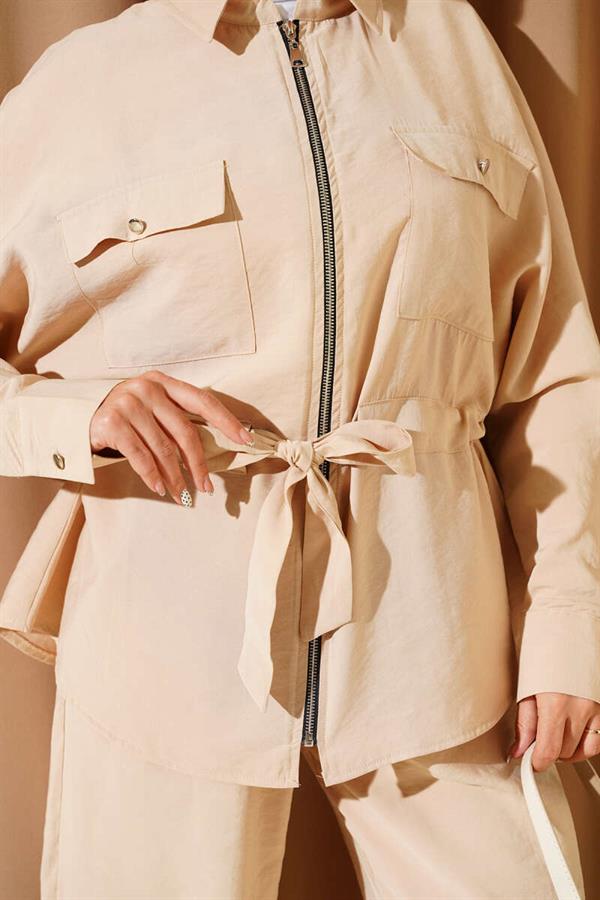 Waist Tunnel Double Pocket 2 Piece Set Beige