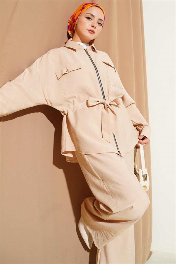 Waist Tunnel Double Pocket 2 Piece Set Beige