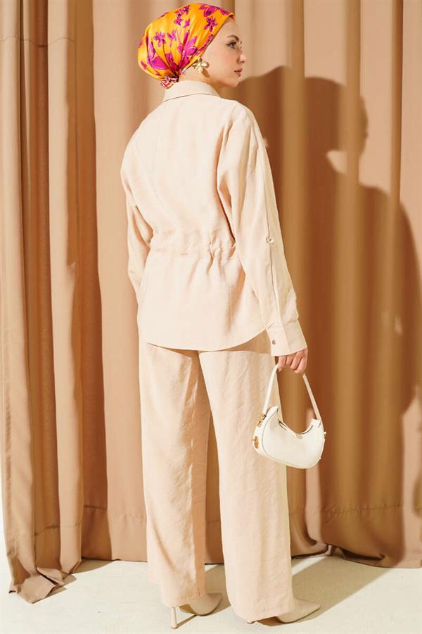 Waist Tunnel Double Pocket 2 Piece Set Beige