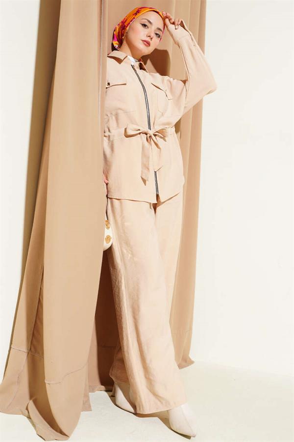 Waist Tunnel Double Pocket 2 Piece Set Beige