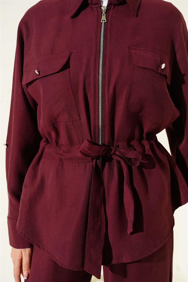 Waist Tunnel Double Pocket 2 Piece Set Claret Red