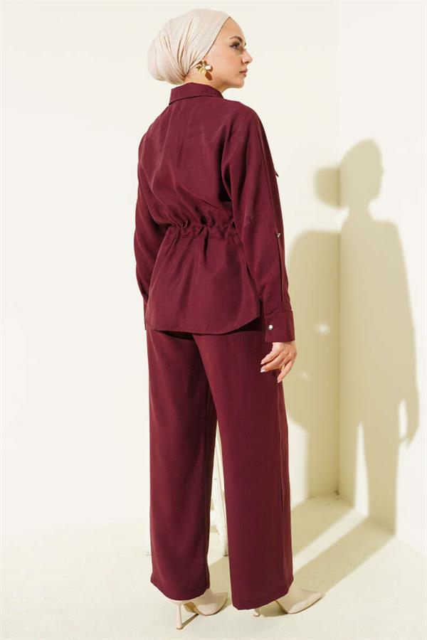 Waist Tunnel Double Pocket 2 Piece Set Claret Red